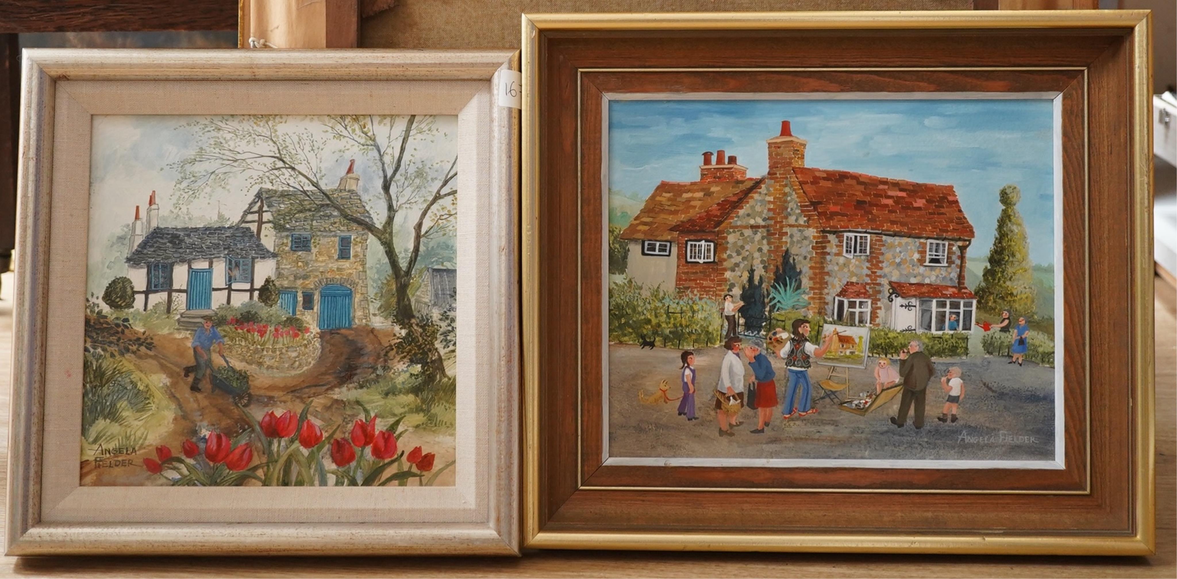 Angela Fielder (contemporary), two oils on board, Artist before a cottage and Cottage garden scene with tulips, each signed, details verso, largest 21 x 26cm. Condition - good